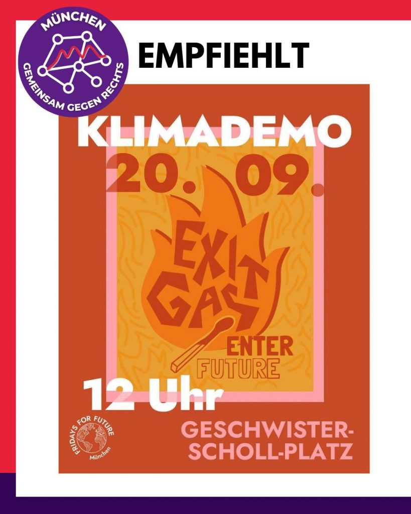 Sharepic zur Klimademo am 20.09. Zu sehen ist ein brennnendes Streichholz, in der Flamme der Text "Exit Gas", darunter steht "Enter Future" Unten stehen das FfF-Logo und Ort, sowie Uhrzeit: 12 Uhr am Geschwister-Scholl-Platz. Außenrum ein Rahmen, der das als GgR-Empfehlung kenntlich macht